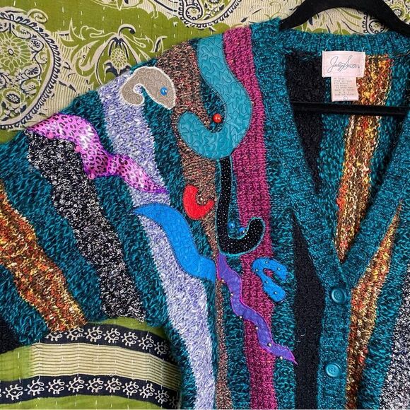 Unique Vintage Jaclyn Smith Embroidered Patchwork Teal Sweater Size Large - Picture 3 of 12